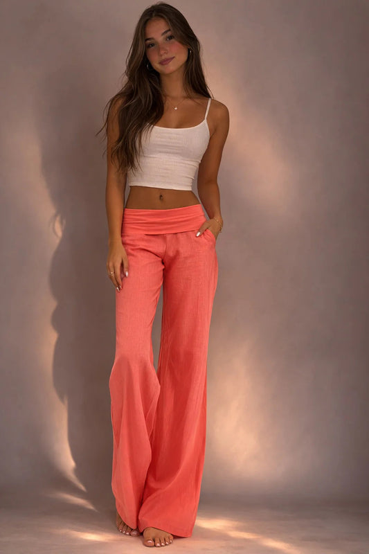 Coral Foldover Relaxed Wide-Leg Trousers